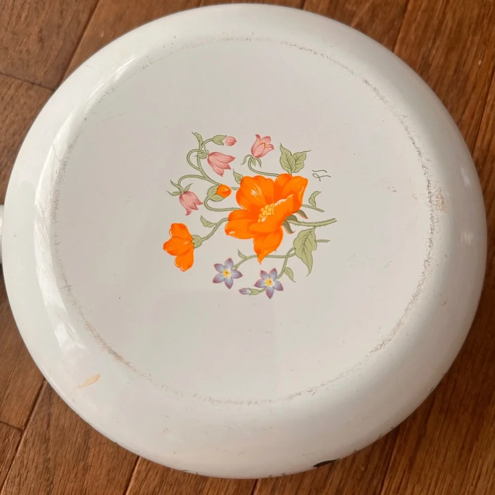 Vintage Enamel Floral Saucepan Unisex 7in Wood Handle White Orange 1970s Kitchen